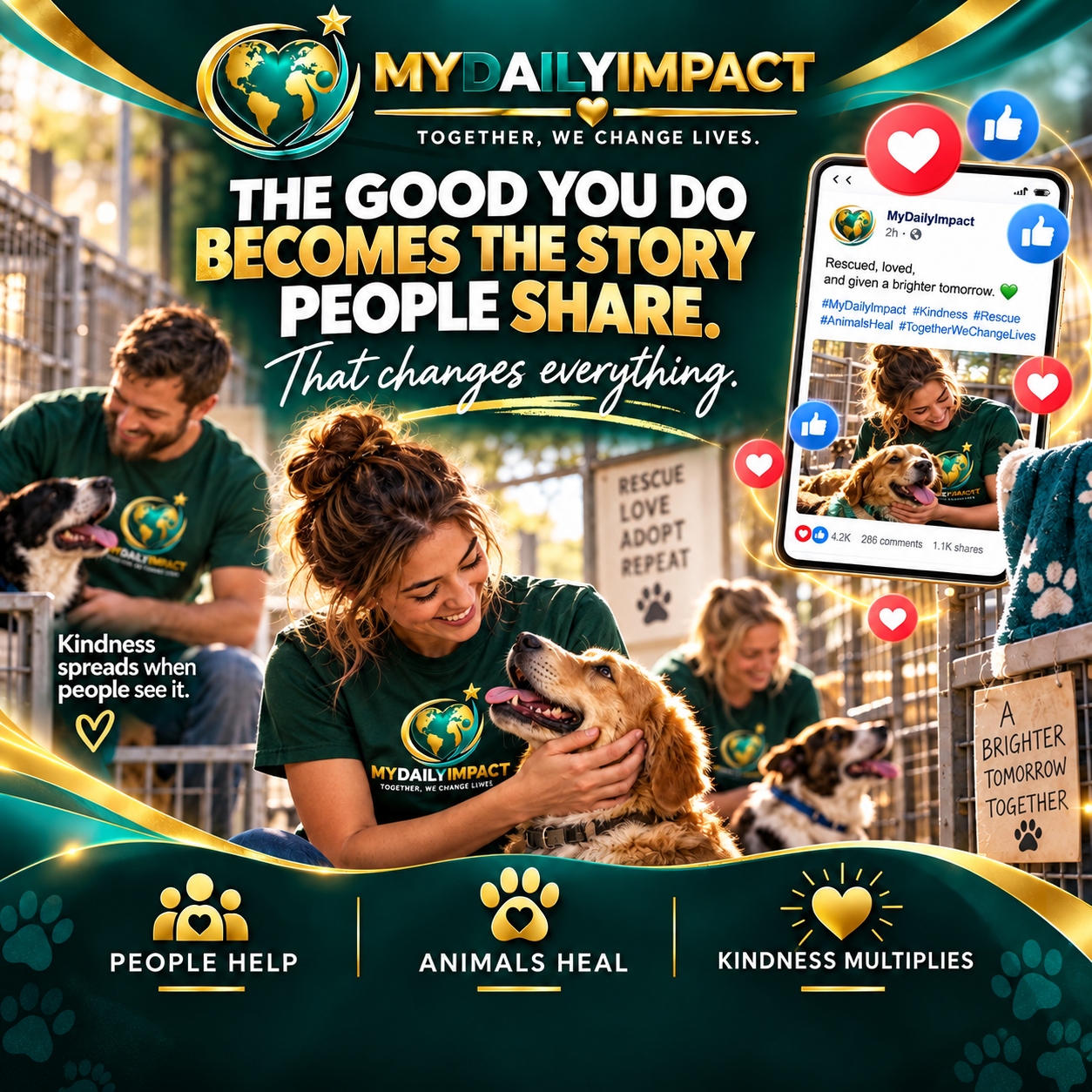 MyDailyImpact graphic titled “The Good You Do Becomes the Story People Share,” featuring people helping others, rescued animals, and the message “People Help. Animals Heal. Kindness Multiplies.”