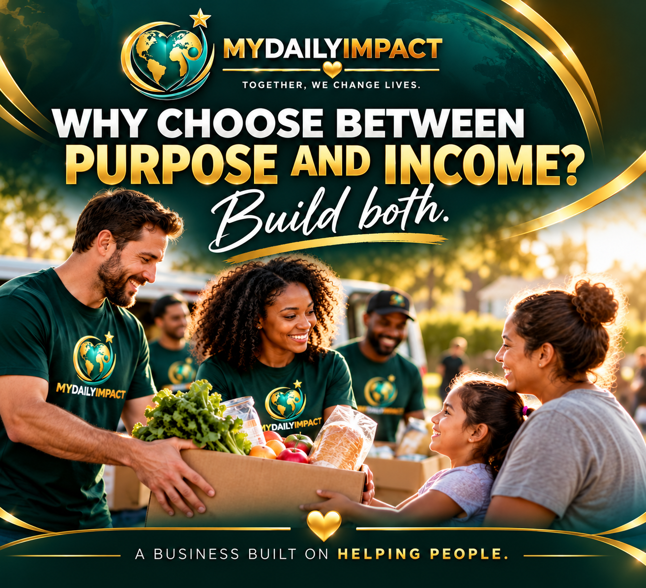 MyDailyImpact featured image for “WHY CHOOSE BETWEEN PURPOSE AND INCOME? BUILD BOTH!” showing people sharing groceries, representing helping others, meaningful connections, and income opportunities.